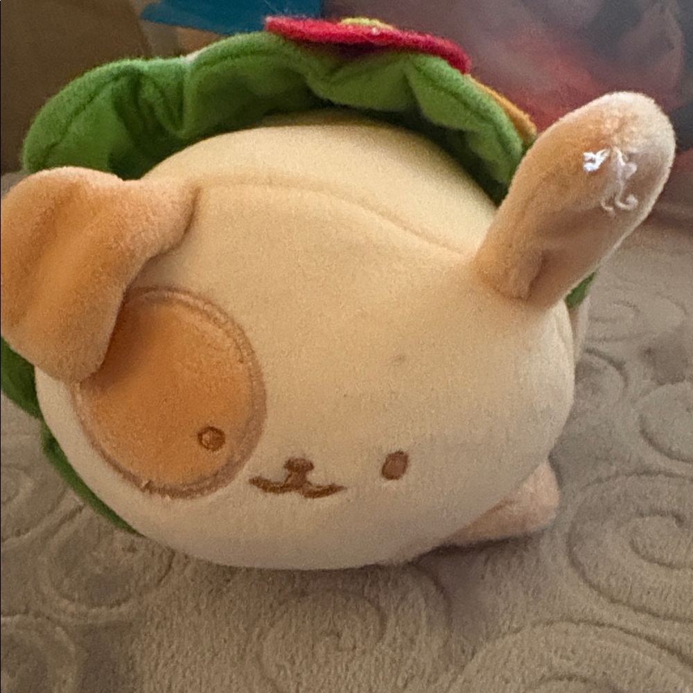 Plush Small Pet Toy - Cream & Tan with Green Leaf Accent